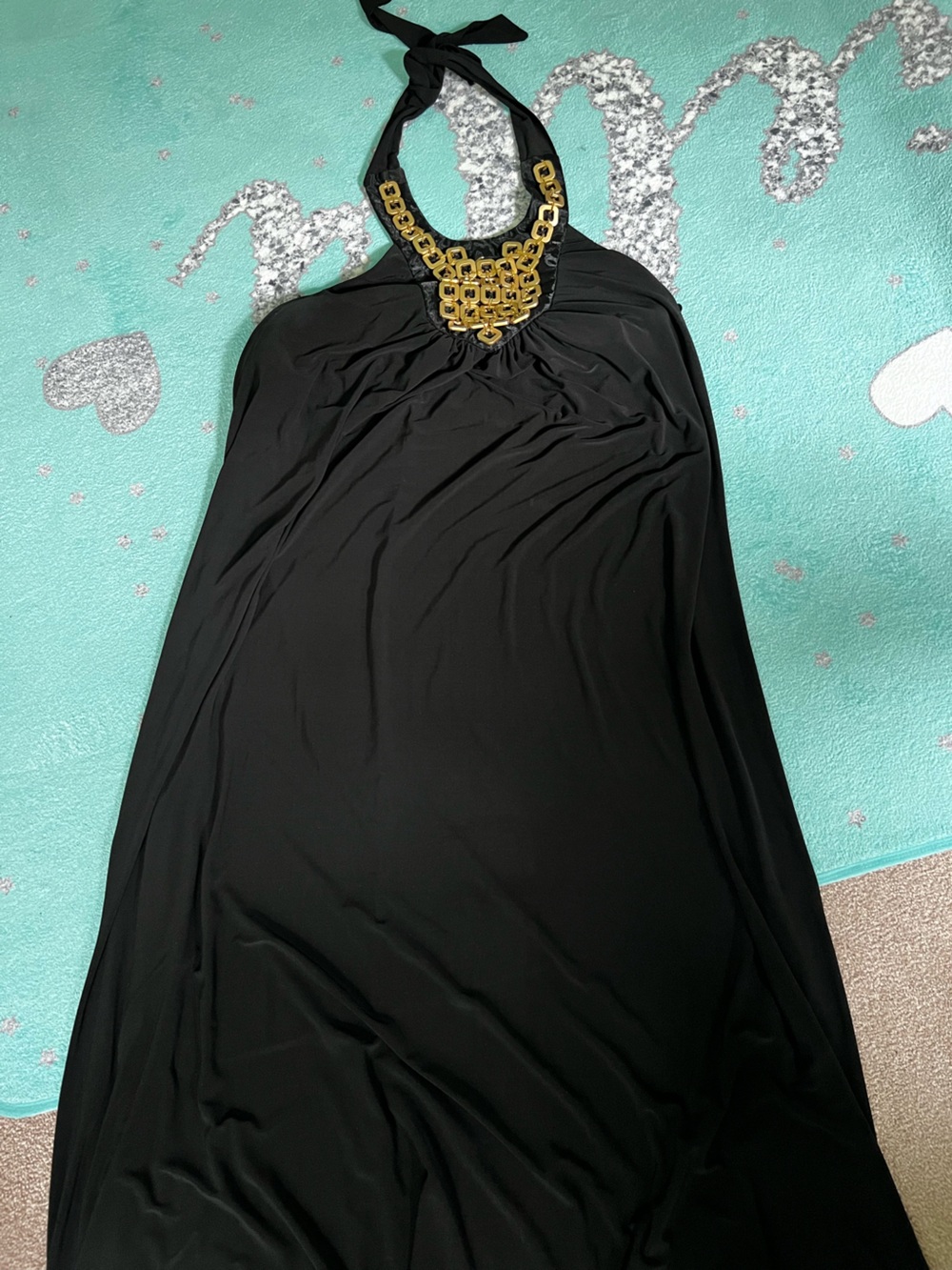 Roz & Ali Black Halter Maxi Dress Gold Chain Bib Neckline Gown Womens 16